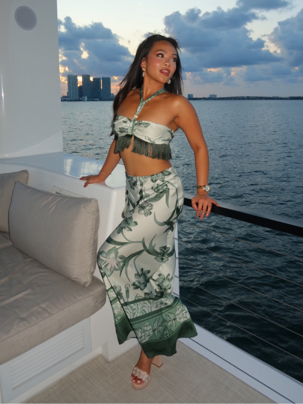 Rococo Sand Green Floral Halter Sarong Set with Fringe